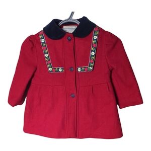 Vintage Skyline Girls' Wool‎ Blend Red Pea Coat Floral Trim Size 3